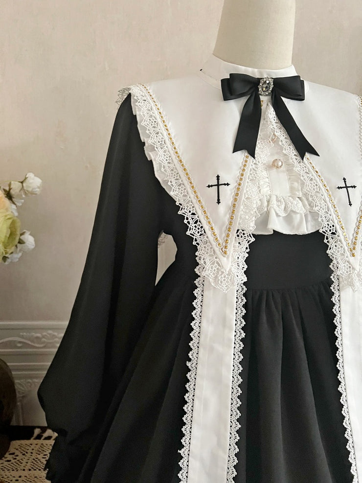 Black and White Cross Embroidery Pointed Collar with Straps One Piece Nun Lolita Costume