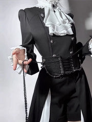 Clearance-Size M for Bust 94CM Black and White Gothic Ouji Lolita Long Sleeves Top + Jabot + Corset belt Set