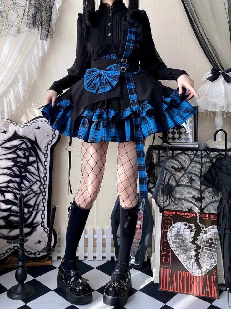 Black and Blue Plaid Pattern Punk Idol Skirt with Straps