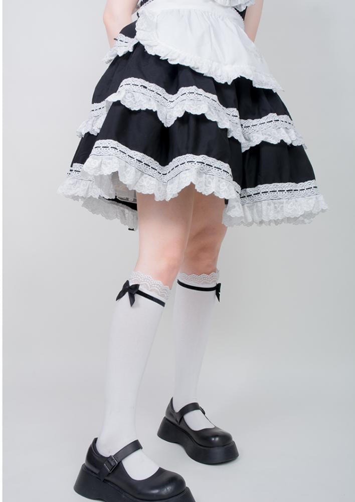 Black/Pink Lace Trim Bowknot Stockings