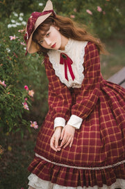 Rose Humanoid Plaid Pattern Ruffle Neckline Long Sleeves One Piece