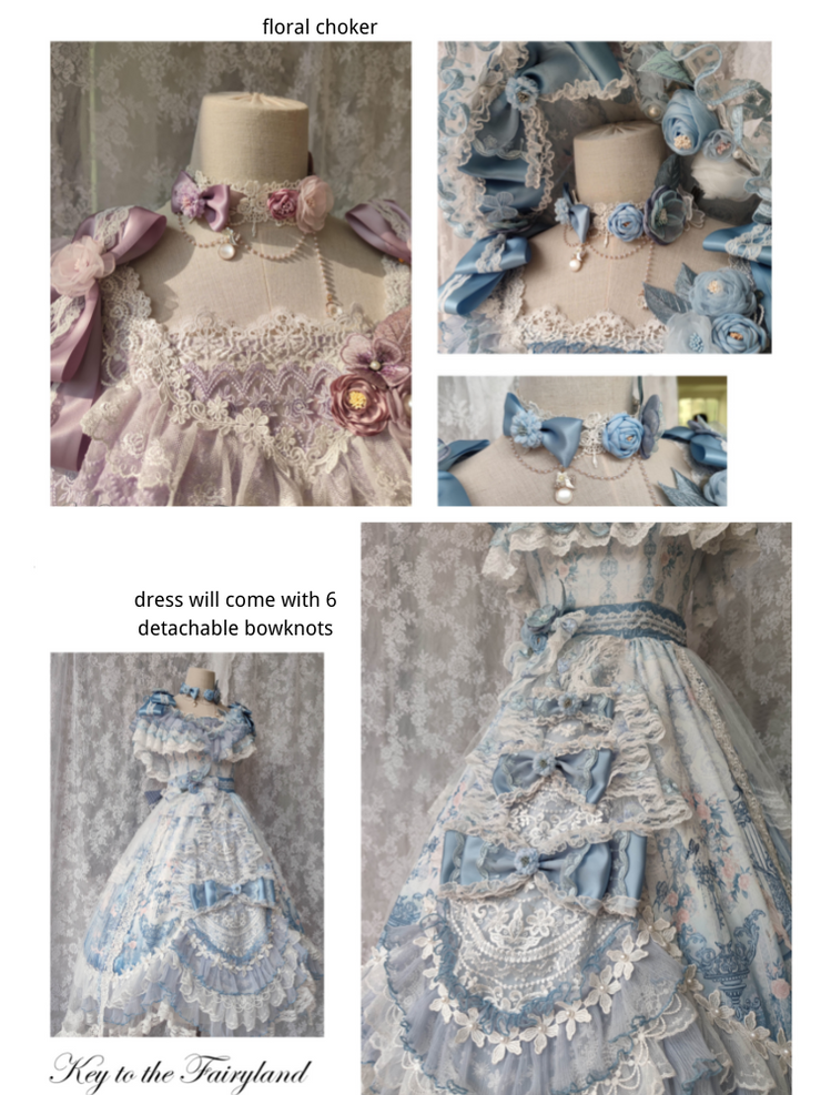 In Stock Key to the Fairyland Hime Lolita Dress Blue Flowy Short Lace Sleeves Lolita Dress Full Set