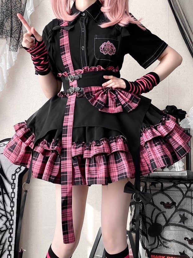 Black and Pink Plaid Pattern Punk Idol Skirt with Straps