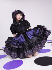 Kuromi Print Black and Purple Birthday Plaid Pattern One Piece