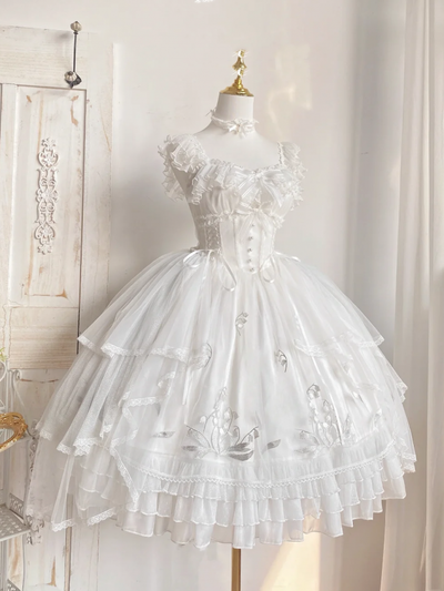 White Corset Waist Lily of the Valley Embroidery Princess Hime Lolita Jumper Skirt