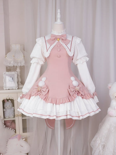 Cardcaptor Sakura Vibes Pink Pointed Collar Pompoms Bowknot Long Sleeves One Piece