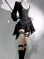 Clearance-Size M for Bust 94CM Black and White Gothic Ouji Lolita Long Sleeves Top + Jabot + Corset belt Set