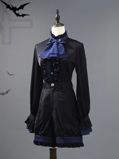 Black and Dark Blue Ouji Lolita Fashion Prince Shirt With Jabot
