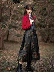 Brambles Embroidery Turndown Collar Long Sleeves Red Shirt