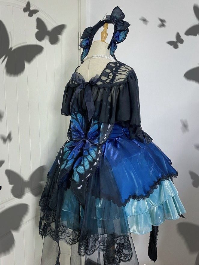 Blue-Green Butterfly Jumper Skirt Full Set Gothic Princess Dress with Butterfly Train