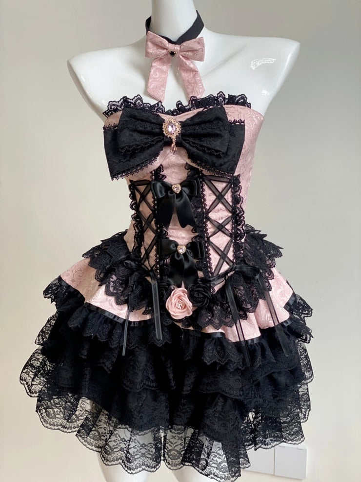 Lace-up Princess Strapless Corset Top / Lace Bloomers Black and Pink