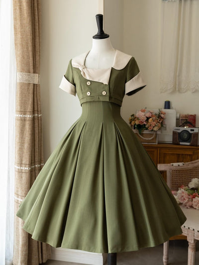 Vintage Green Dress Cutout Back Jumper Skirt + Cropped Top Set