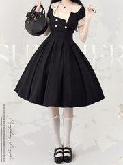 Retro Elegant Black Cutout Back Jumper Skirt + Cropped Top Set