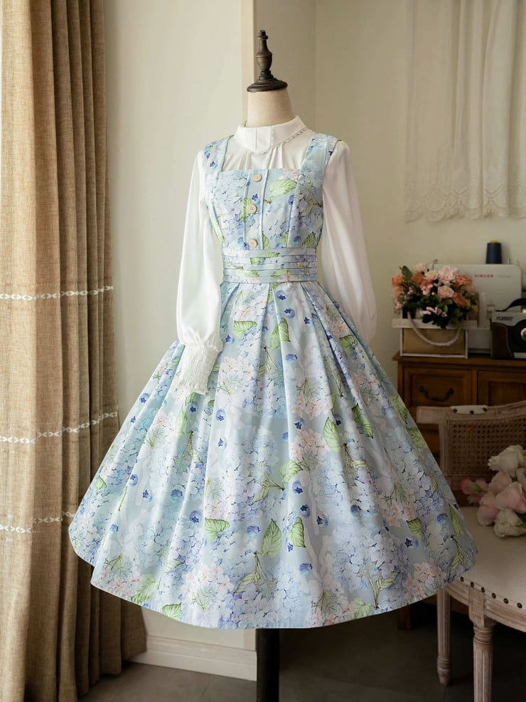 Forest Basket 2.0 Color Blue Blueberry and Hydrangea Print Square Neckline Lolita JSK