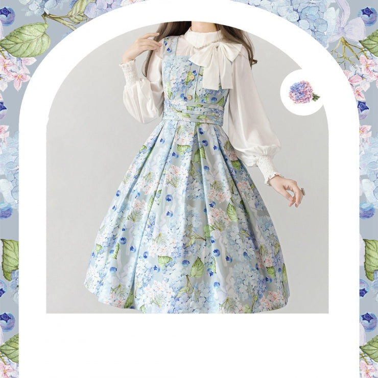 Forest Basket 2.0 Color Blue Blueberry and Hydrangea Print Square Neckline Lolita JSK