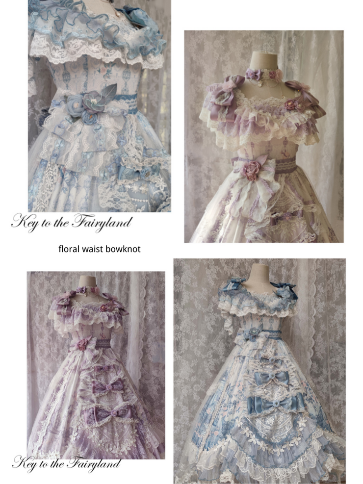 In Stock Key to the Fairyland Hime Lolita Dress Blue Flowy Short Lace Sleeves Lolita Dress Full Set