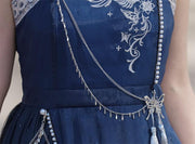 Starry Night Dark Blue Midi Dress Butterfly Embroidery and Chain