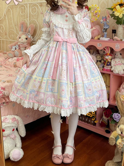 Yellow Sweet Teddy and Bunny Print One Piece with Detachable Sleeves