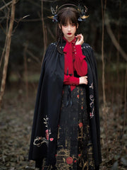 Roses Embroidery Hooded Cloak / Cloak Shirt Skirt Full Set