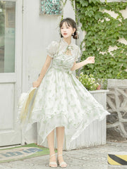 Clearance-Size L for Bust 90-104cm Light Green Lily of the Valley Print Handkerchief Hem Dress + Bolero