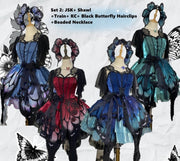 Blue-Green Butterfly Jumper Skirt Full Set Gothic Princess Dress with Butterfly Train