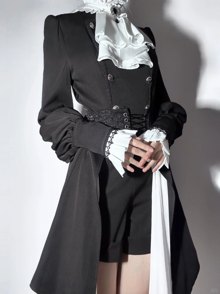 Clearance-Size M for Bust 94CM Black and White Gothic Ouji Lolita Long Sleeves Top + Jabot + Corset belt Set