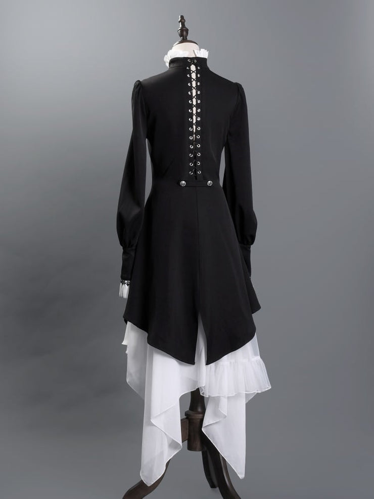 Clearance-Size M for Bust 94CM Black and White Gothic Ouji Lolita Long Sleeves Top + Jabot + Corset belt Set