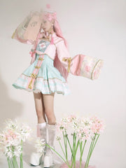 Sakura Pink and Mint Green Golden Knot Buttons Straps Dress Little Zombie Collection