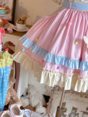 Pink High Waist Sweet Colorful Pompoms Hem Jumper Skirt