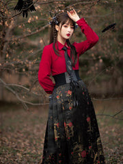 Roses Embroidery Hooded Cloak / Cloak Shirt Skirt Full Set