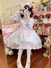 Yellow Sweet Teddy and Bunny Print One Piece with Detachable Sleeves