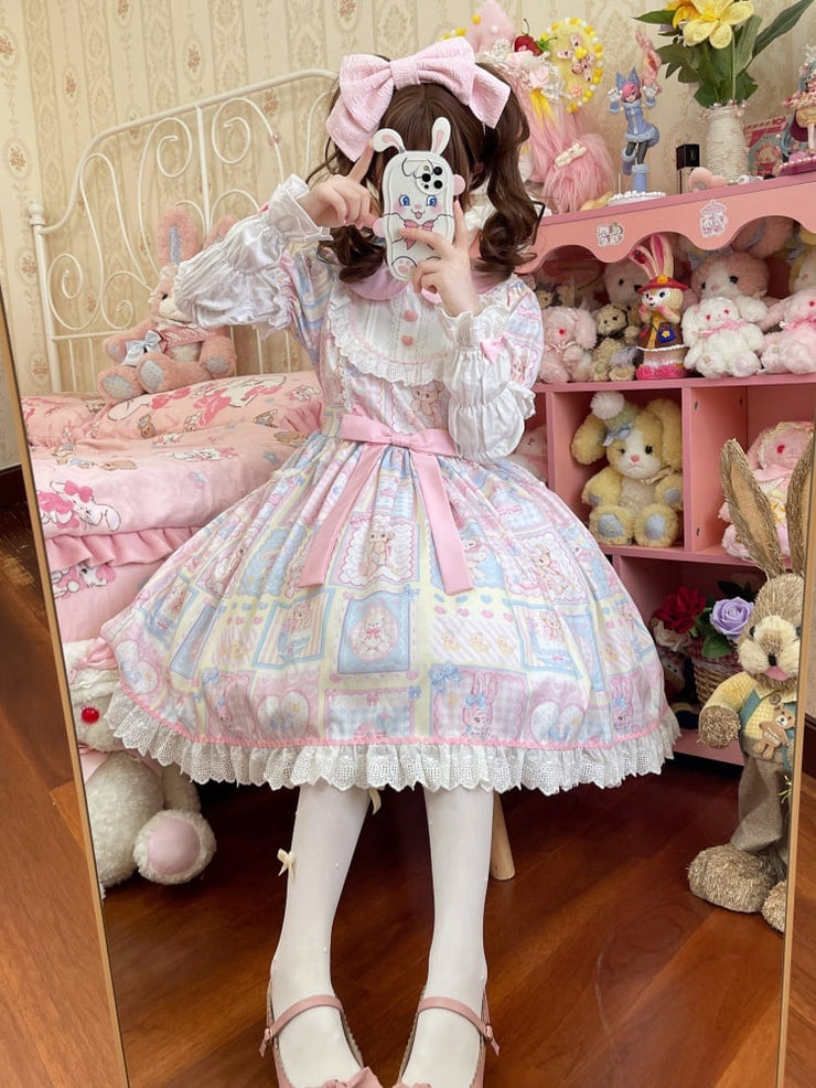 Yellow Sweet Teddy and Bunny Print One Piece with Detachable Sleeves