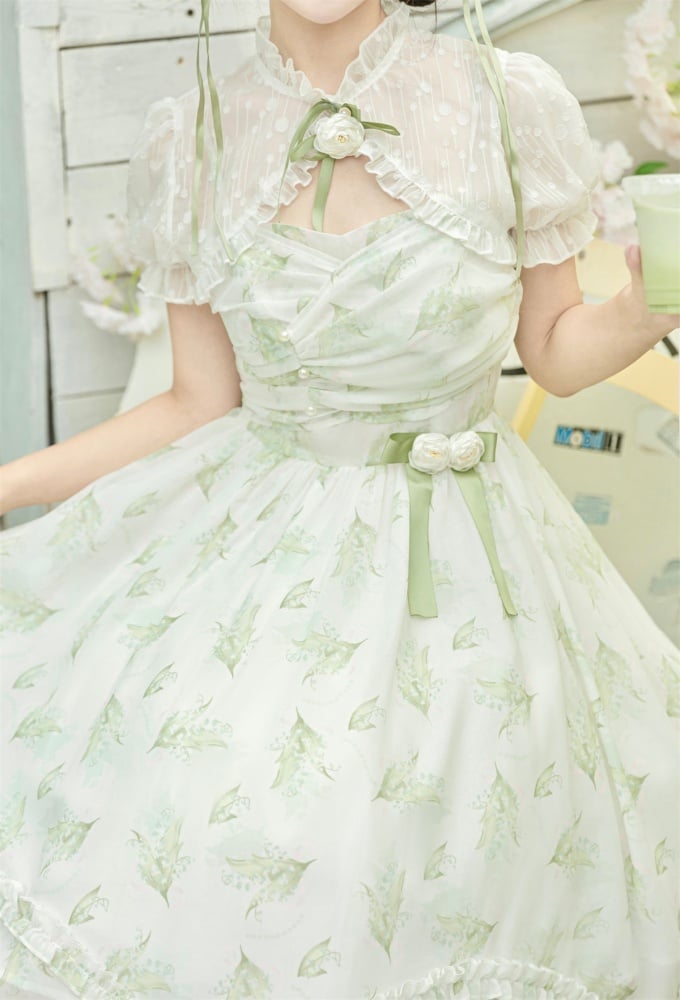 Clearance-Size L for Bust 90-104cm Light Green Lily of the Valley Print Handkerchief Hem Dress + Bolero