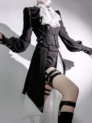 Clearance-Size M for Bust 94CM Black and White Gothic Ouji Lolita Long Sleeves Top + Jabot + Corset belt Set