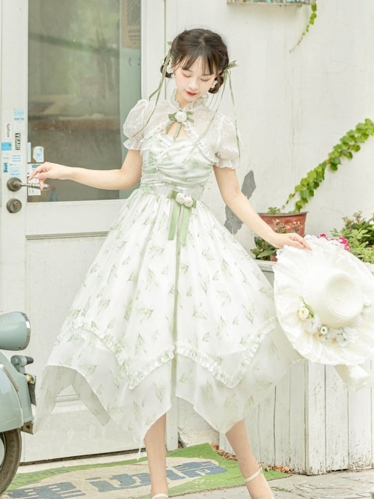 Clearance-Size L for Bust 90-104cm Light Green Lily of the Valley Print Handkerchief Hem Dress + Bolero