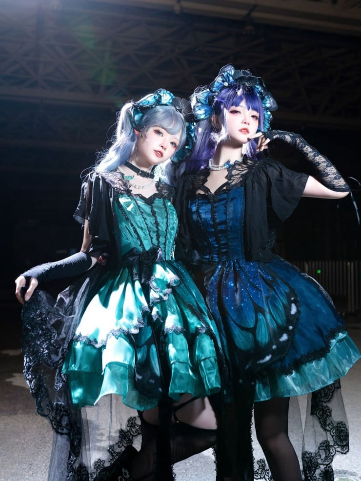 Blue-Green Butterfly Jumper Skirt Full Set Gothic Princess Dress with Butterfly Train