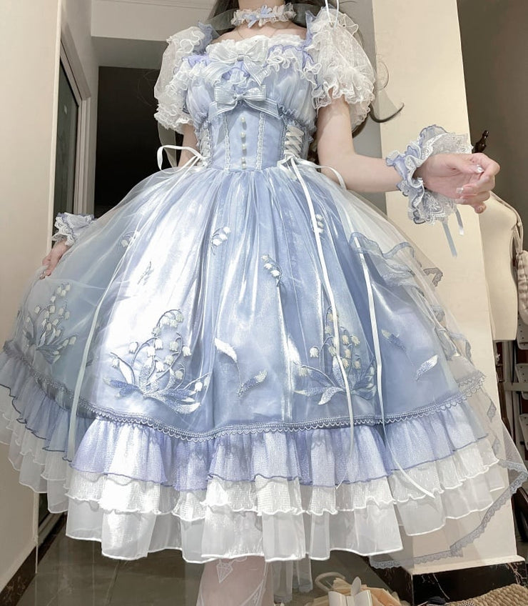 Blue Princess Corset Dress Basque Waist Lily of the Valley Embroidery Lolita Jumper Skirt