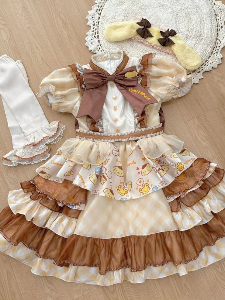 Pompompurin Print Yellow Birthday Dress Plaid Pattern One Piece