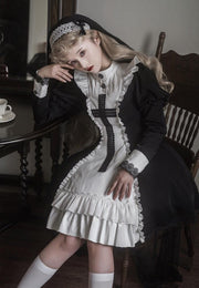 Lace Cross Pattern Ruffle Trim Design Long Sleeves Lolita OP