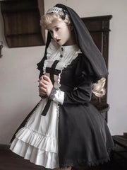 Lace Cross Pattern Ruffle Trim Design Long Sleeves Lolita OP