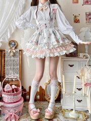 White Under Bust Rosette Print Boned Waist Lolita Jumper Skirt