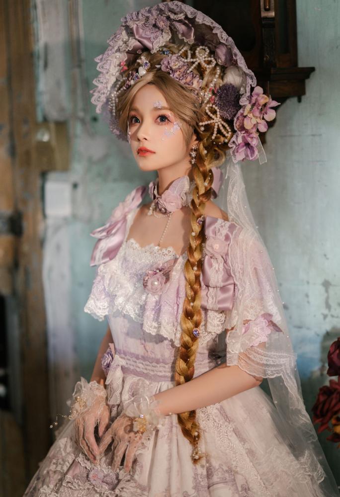 In Stock Key to the Fairyland Hime Lolita Dress Purple Flowy Short Lace Sleeves Lolita Dress Full Set