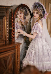 In Stock Key to the Fairyland Hime Lolita Dress Purple Flowy Short Lace Sleeves Lolita Dress Full Set