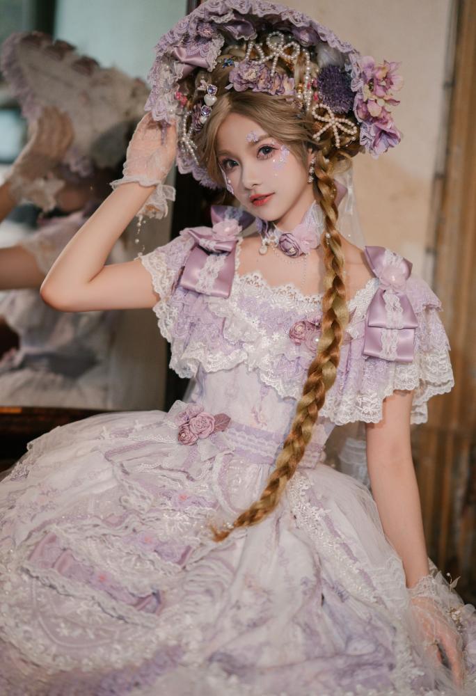 In Stock Key to the Fairyland Hime Lolita Dress Purple Flowy Short Lace Sleeves Lolita Dress Full Set