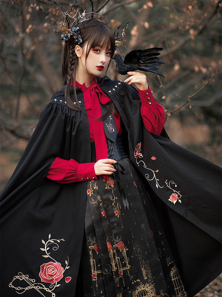 Roses Embroidery Hooded Cloak / Cloak Shirt Skirt Full Set