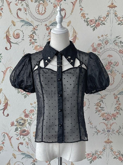 Black Fold-over Collar Short Bubble Sleeves Sheer Lolita Shirt