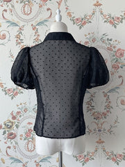 Black Fold-over Collar Short Bubble Sleeves Sheer Lolita Shirt