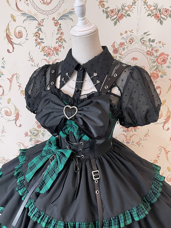 Black Fold-over Collar Short Bubble Sleeves Sheer Lolita Shirt