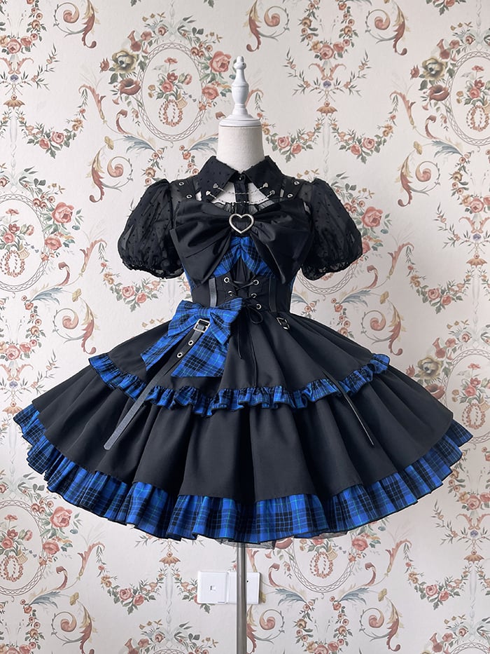 Black Fold-over Collar Short Bubble Sleeves Sheer Lolita Shirt