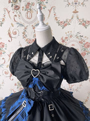 Black Fold-over Collar Short Bubble Sleeves Sheer Lolita Shirt